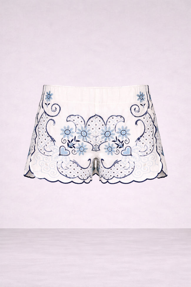 Orsina, Short Con Ricami Motivo Fiori Blu