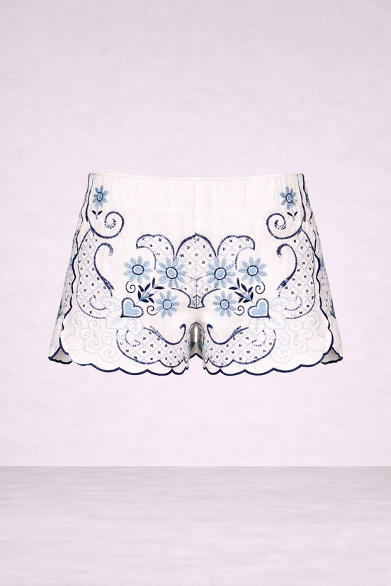 Orsina, Short Con Ricami Motivo Fiori Blu