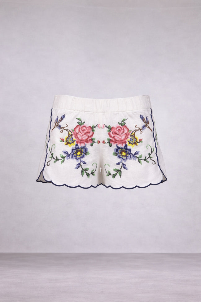 Orsina, Shorts con Rose Ricamate Punto Croce