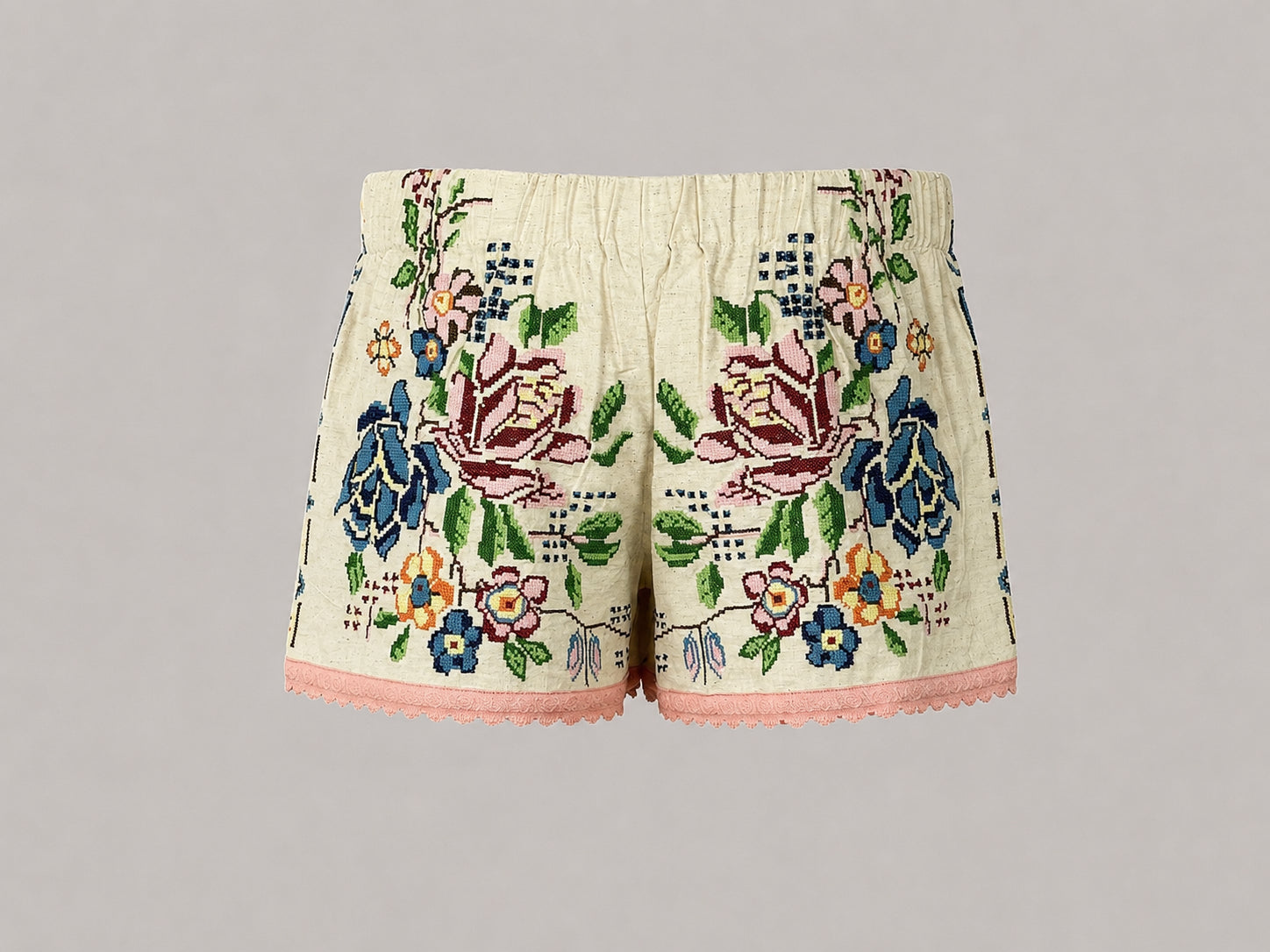 Orsina, Shorts Ricami Floreali Punto Croce
