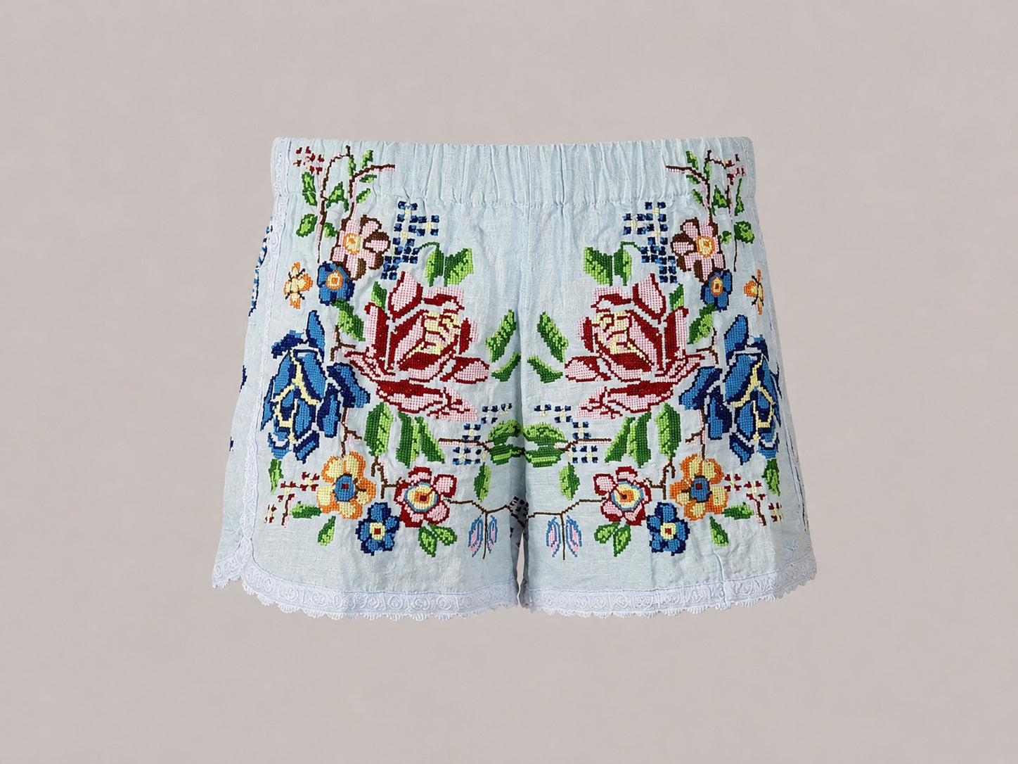 Orsina, Shorts Ricami Floreali Punto Croce
