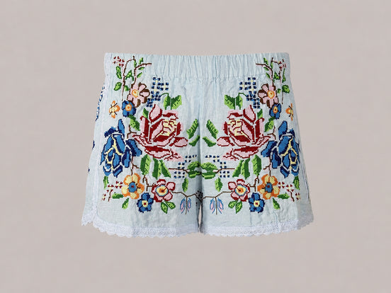 Orsina, Shorts Ricami Floreali Punto Croce