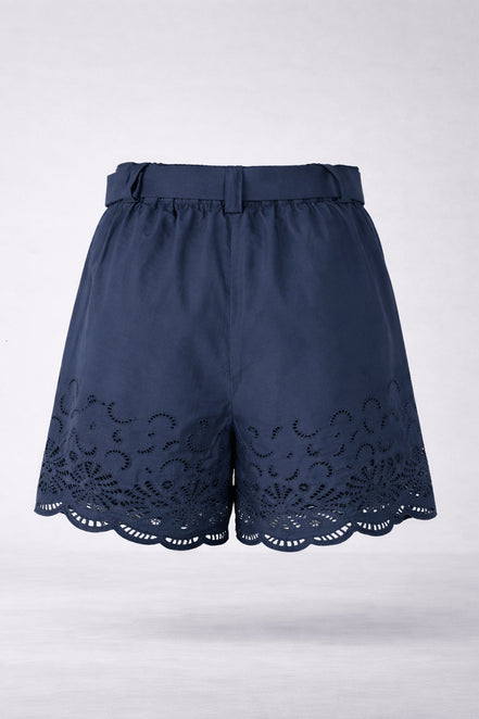 Suncoo, Shorts a Vita Alta con Cintura in Popeline di Cotone Navy