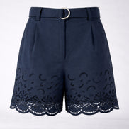 Suncoo, Shorts a Vita Alta con Cintura in Popeline di Cotone Navy