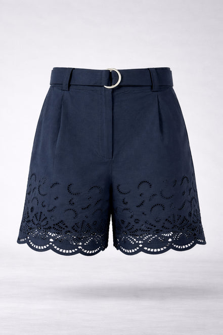 Suncoo, Shorts a Vita Alta con Cintura in Popeline di Cotone Navy