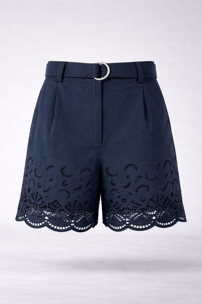 Suncoo, Shorts a Vita Alta con Cintura in Popeline di Cotone Navy