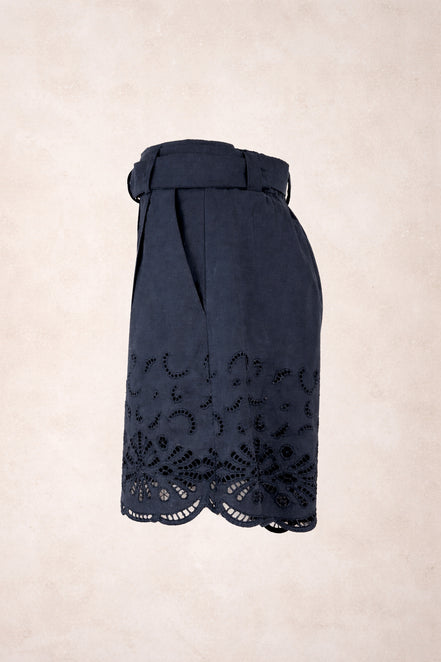 Suncoo, Shorts a Vita Alta con Cintura in Popeline di Cotone Navy
