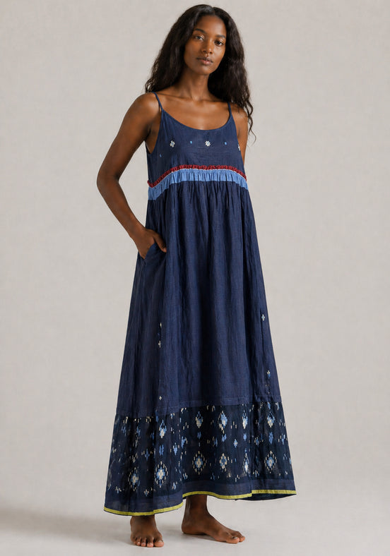Injiri, Slip Dress Navy con Ricami Jamdani