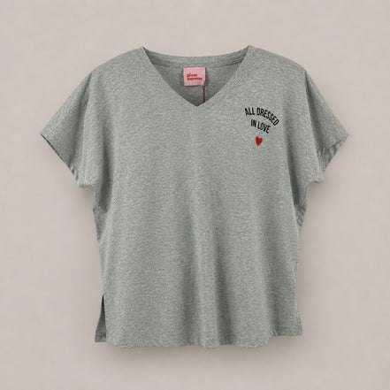 T-Shirt Grigia a V Cotone Over Cuore Ricamato