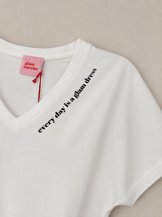 T-shirt Bianca Scollo a V Over Manica Corta con Scritta