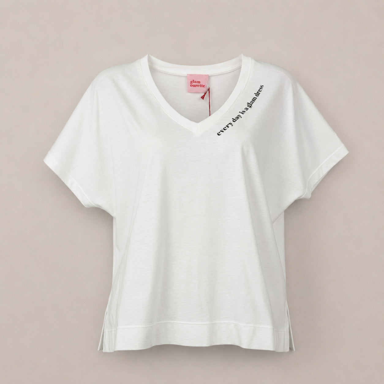 T-shirt Bianca Scollo a V Over Manica Corta con Scritta