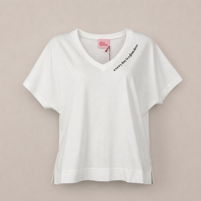 T-shirt Bianca Scollo a V Over Manica Corta con Scritta