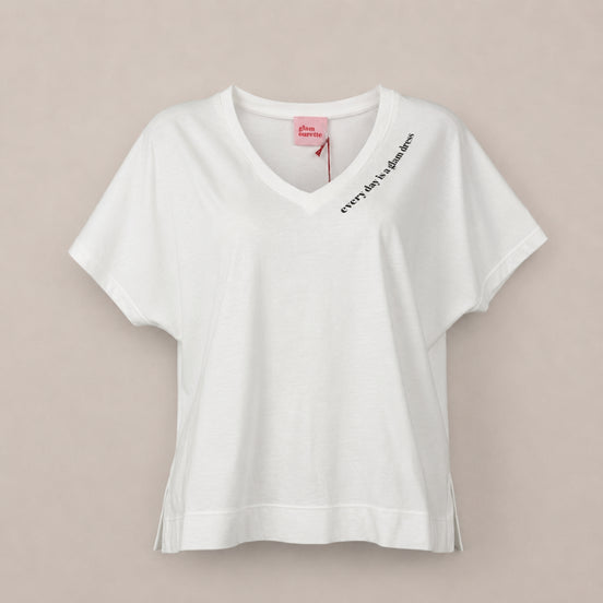 T-shirt Bianca Scollo a V Over Manica Corta con Scritta