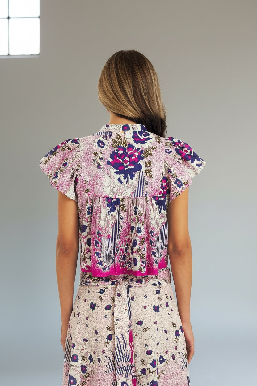 Top Cotone con Maniche a Volant Fantasia a Fiori Amia Antik Batik