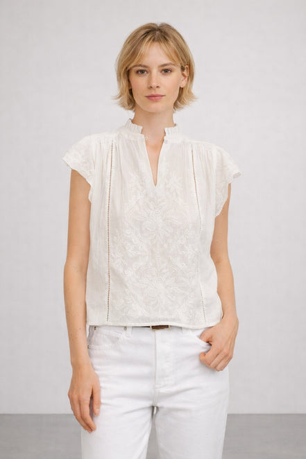 MA.BE Apparel,  Top Ecru con Pizzo e Ricamo Floreale Lilia