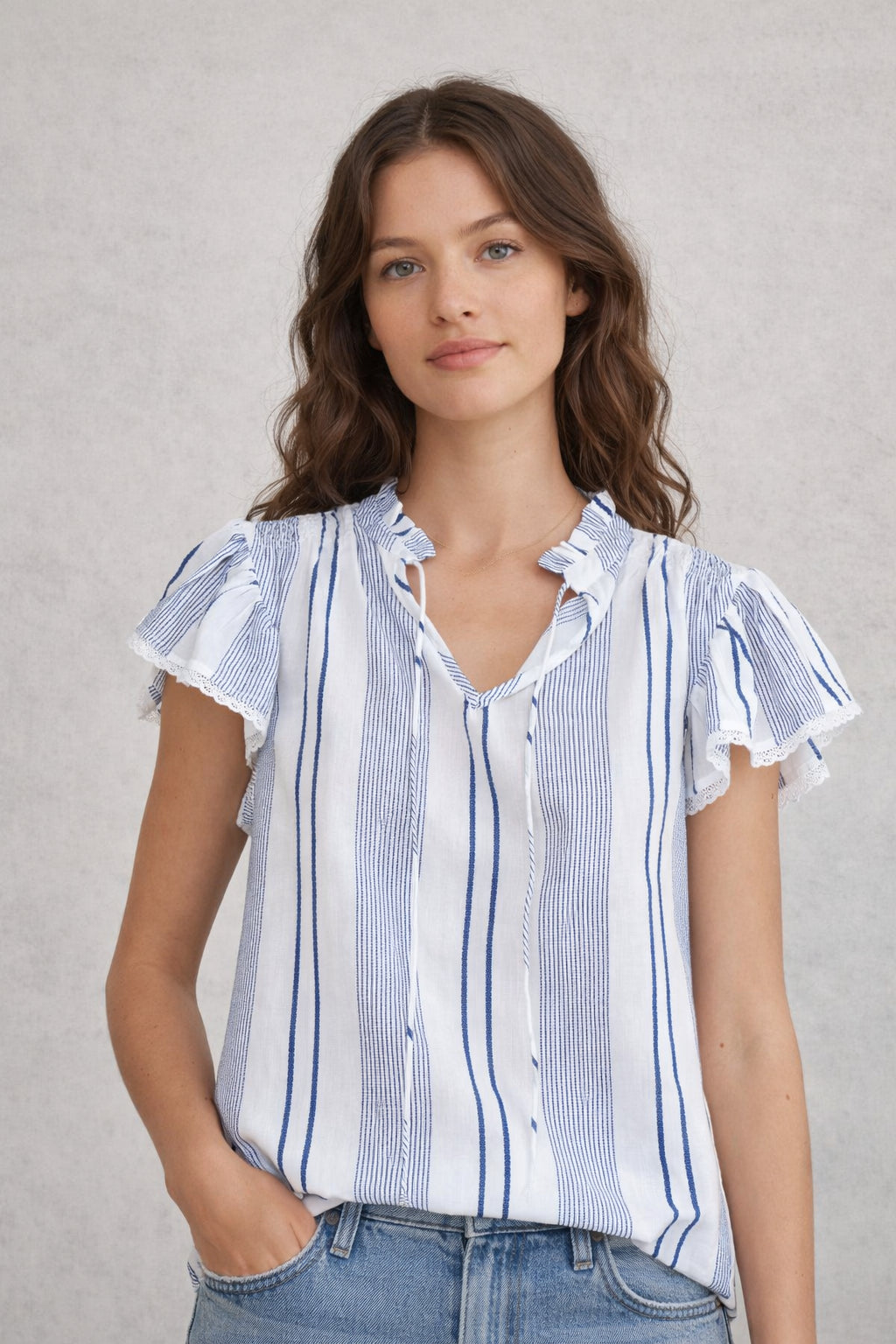 MA.BE Apparel, Top con Volant in Cotone a Righe Eleni
