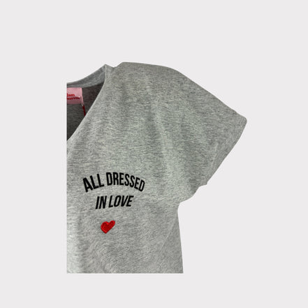 T-Shirt Grigia a V Cotone Over Cuore Ricamato