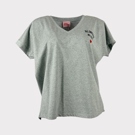 T-Shirt Grigia a V Cotone Over Cuore Ricamato