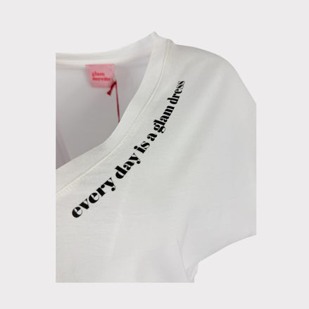 T-shirt Bianca Scollo a V Over Manica Corta con Scritta