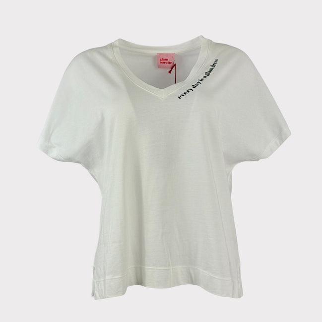 T-shirt Bianca Scollo a V Over Manica Corta con Scritta