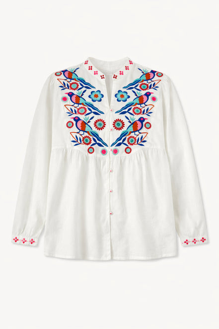 Blusa di Cotone con Ricami di Ucellini Blu Nimo with Love