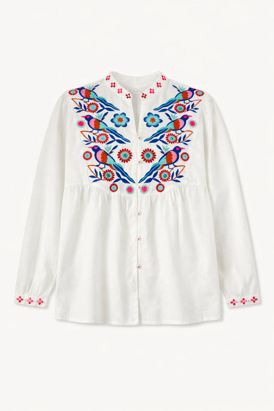 Blusa di Cotone con Ricami di Ucellini Blu Nimo with Love