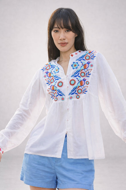 Blusa di Cotone con Ricami di Ucellini Blu Nimo with Love