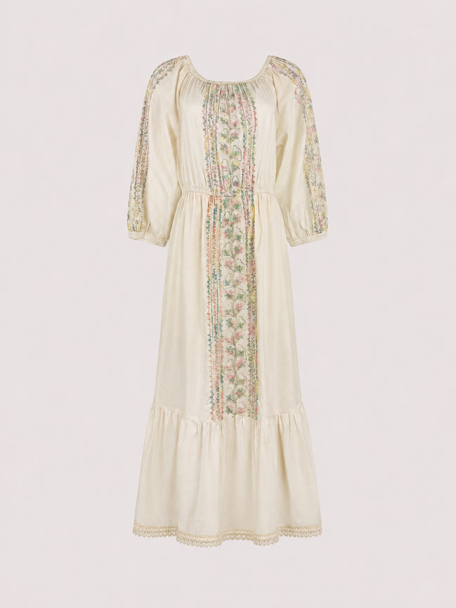 Antik Batik, Abito Lungo Avorio in Cotone Alex