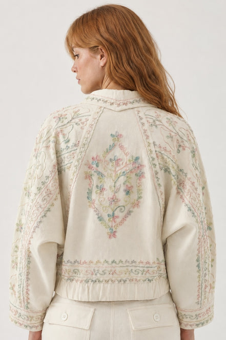 Antik Batik, Bomber in Denim Chiaro con Ricami Alex