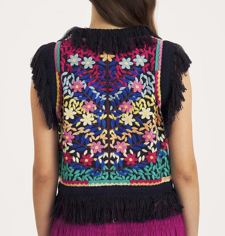 Gilet Ricamato con Frange  Navy con Ricami Multicolor Rainbow Antik Batik