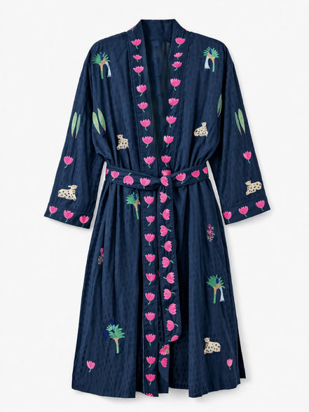 Kimono  in Cotone Blu con Ricami Jungle, Nimo with Love