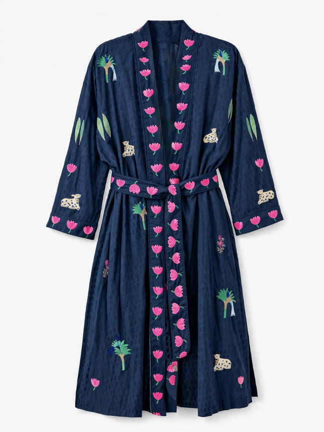 Kimono  in Cotone Blu con Ricami Jungle, Nimo with Love