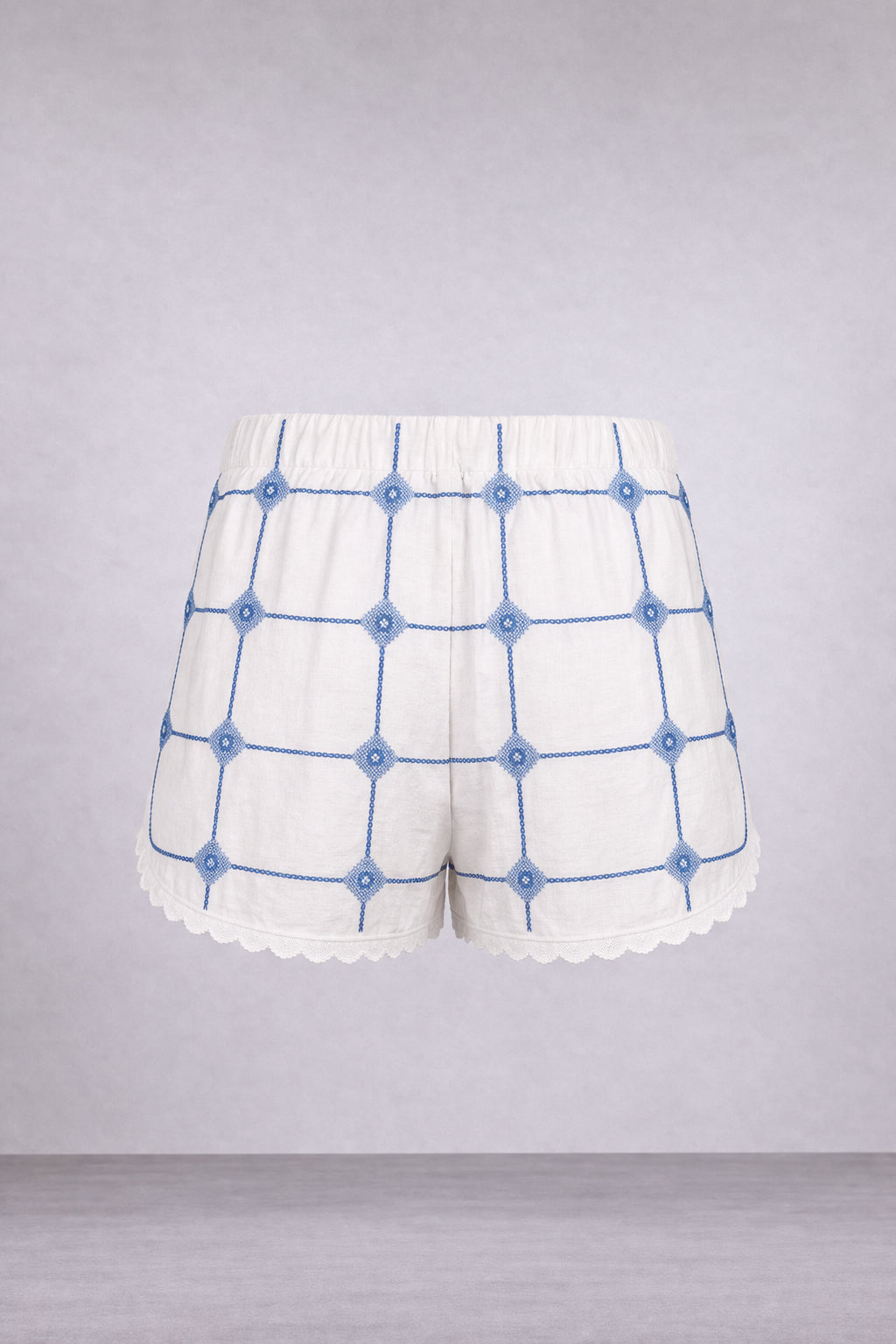 Orsina, Shorts Ricami Rose Azzurre Punto Croce