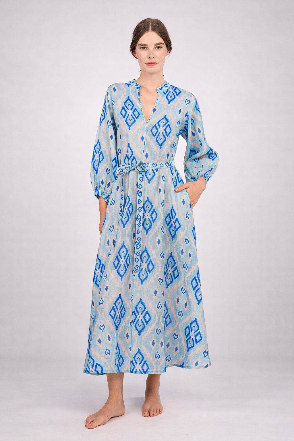 Abito Midi in Lino Fantasia Geometrica Marigold, Nimo with Love