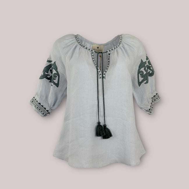 Caftano Lino Maniche Corte Ricamo Benaras