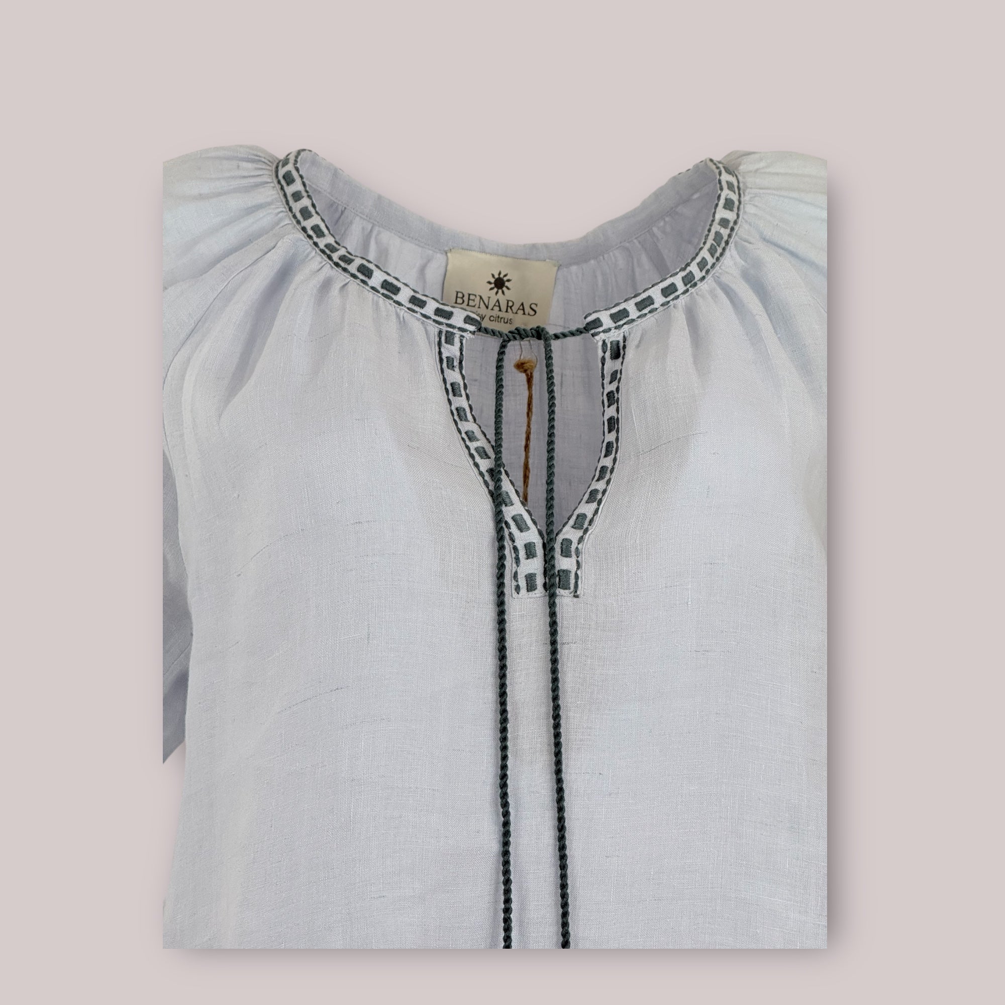 Caftano Lino Maniche Corte Ricamo Benaras