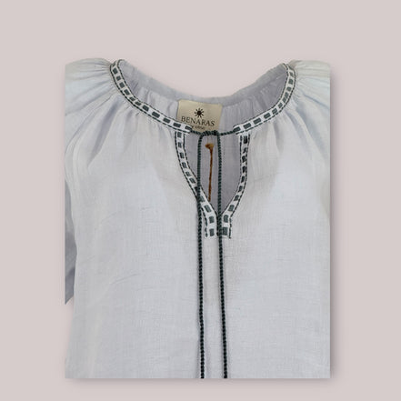 Caftano Lino Maniche Corte Ricamo Benaras