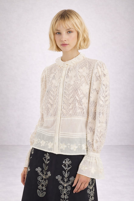 Camicia in Rete di Cotone Ricamato Avorio Carioca Antik Batik