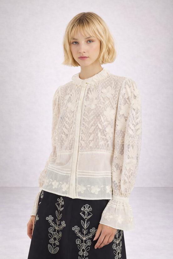 Camicia in Rete di Cotone Ricamato Avorio Carioca Antik Batik