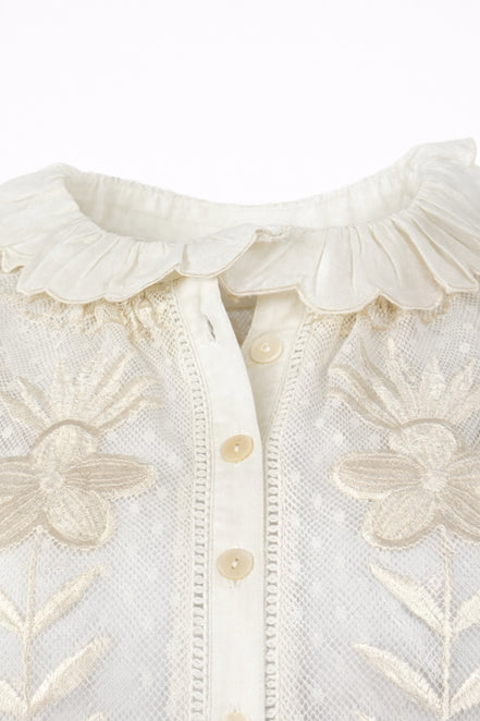 Camicia in Rete di Cotone Ricamato Avorio Carioca Antik Batik