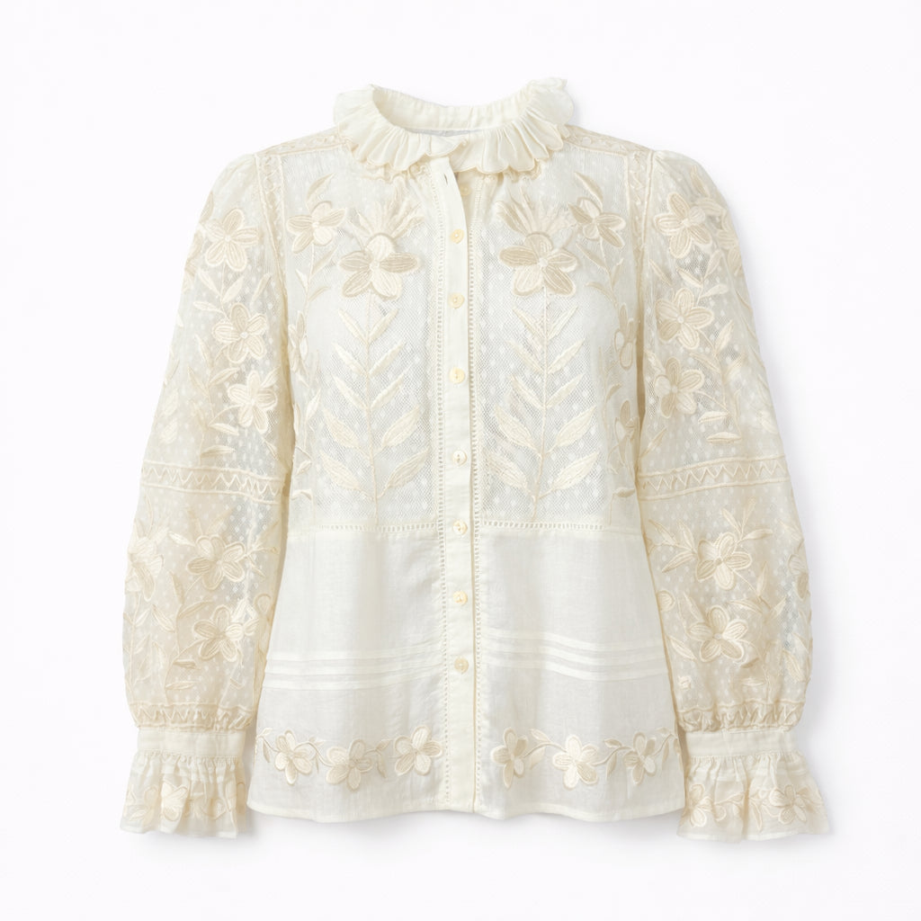 Camicia in Rete di Cotone Ricamato Avorio Carioca Antik Batik