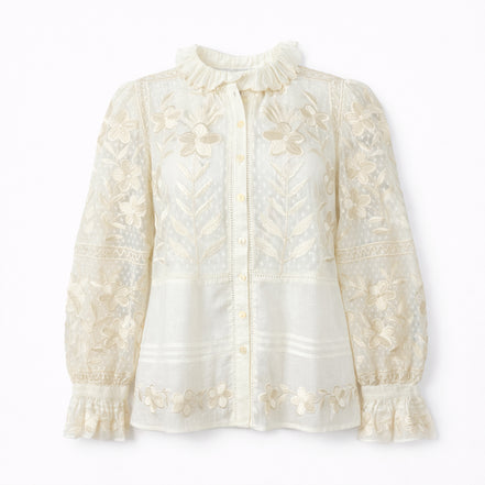 Camicia in Rete di Cotone Ricamato Avorio Carioca Antik Batik