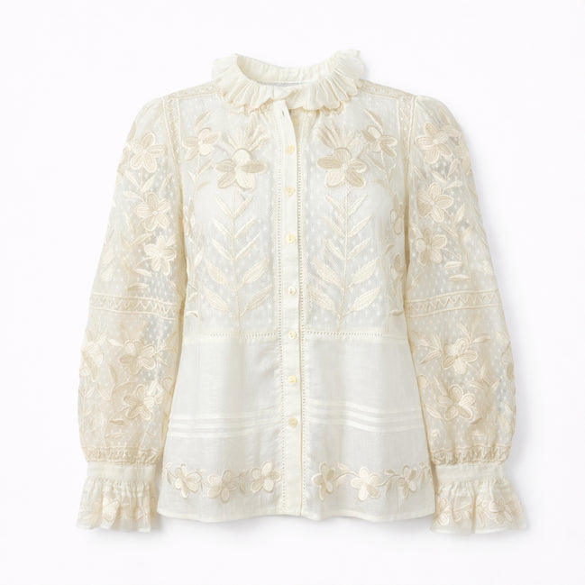 Camicia in Rete di Cotone Ricamato Avorio Carioca Antik Batik