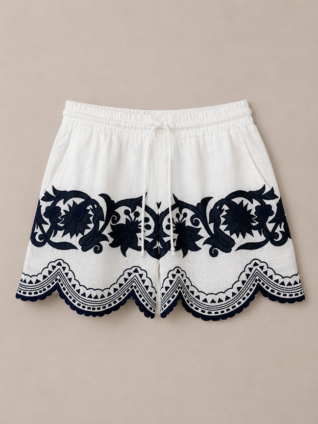 Benaras, Shorts in Lino con Ricami
