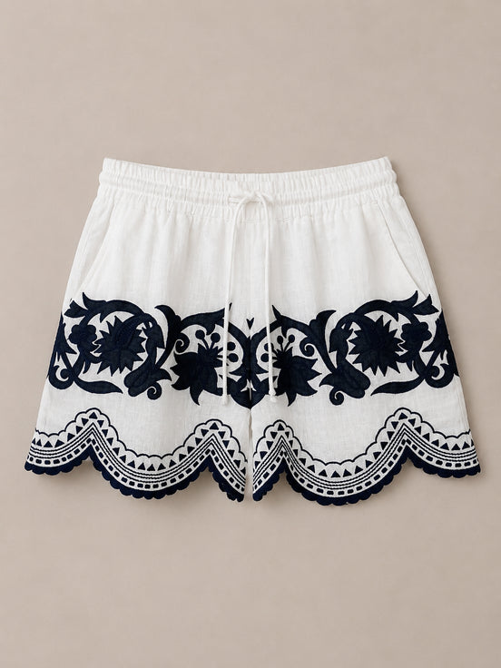Benaras, Shorts in Lino con Ricami
