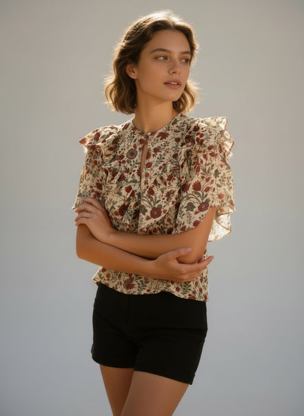 Blusa in Voile di Cotone con Rouches Annie Antik Batik